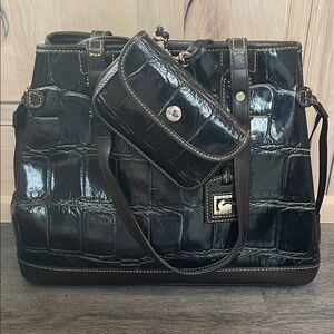 Vintage Dooney & Bourke Croco Embossed Leather Tote - Dark‎ Brown / Black